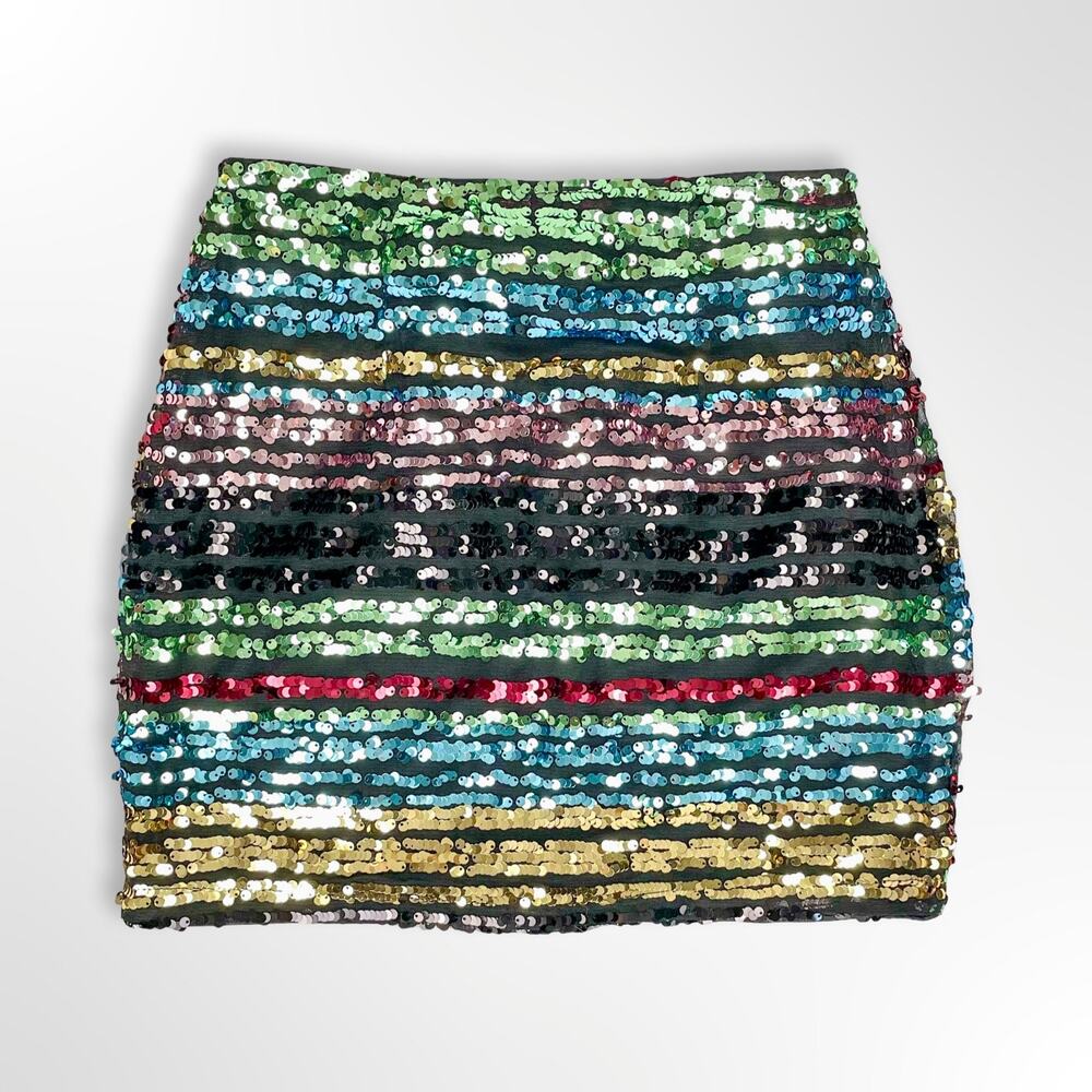 Rainbow Sequin Mini Skirt XS Multicolor Stripe Holiday Party NYE NWOT - Picture 4 of 9